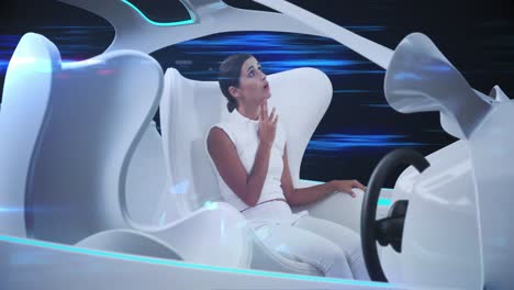 Woman-in-car-with-white-interiors-in-autopilot-mode-driving-across-city-at-night