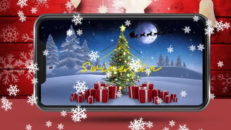 Animation-of-winter-scenery-with-santa-claus-in-sleigh-pulled-by-reindeers