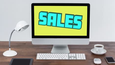 Digitale-Animation-Von-Blauem-Verkaufstext,-Der-Vor-Gelbem-Hintergrund-Auf-Dem-Computerbildschirm-Auf-Holz-Springt