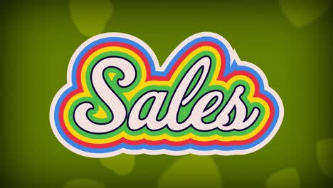 Animation-of-the-word-sales-in-white-letters-with-colourful-outline-and-green-hearts-moving