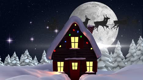 Animation-of-winter-scenery-with-santa-claus-in-sleigh-pulled-by-reindeers