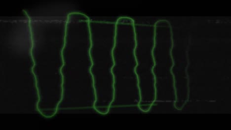 Animation-of-glowing-green-multiple-waves-with-glitch-on-black-screen-in-the-background