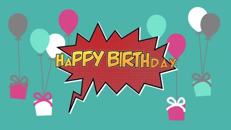 Digital-animation-of-happy-birthday-text-on-retro-speech-bubble-against-multiple-giftbox-tied-to-bal