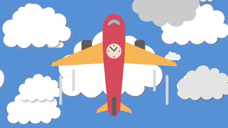 Digitale-Animation-Eines-Flugzeugsymbols-Mit-Tickender-Uhr,-Die-Gegen-Wolken-Am-Blauen-Himmel-Fliegt
