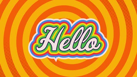 Animation-of-retro-hello-rainbow-text-over-multiple-orange-and-yellow-circular-stripes-in-the-backgr