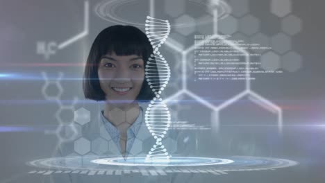 Dna-structure-spinning-and-medical-data-processing-against-portrait-of-female-doctor-crossing-her-ar