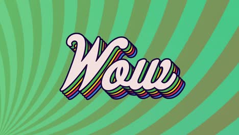 Animation-of-retro-wow-rainbow-text-over-multiple-green-circular-stripes-in-the-background