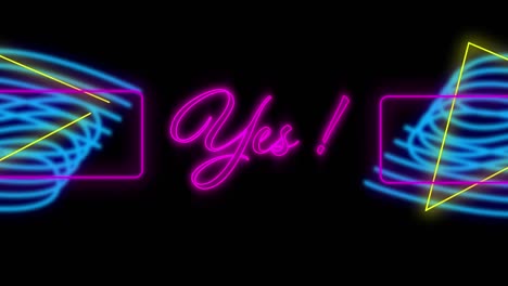 Digital-animation-of-yes-neon-text-and-geometrical-neon-shapes-moving-against-black-background