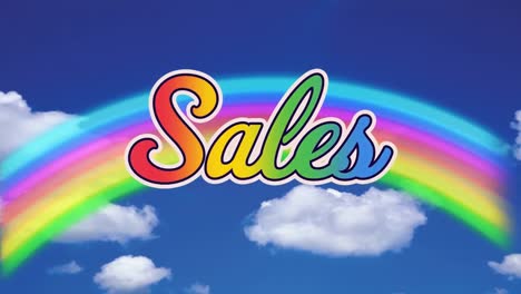 Animation-Von-Retro-Sales-Regenbogentext-über-Regenbogen-Am-Blauen-Himmel-Und-Wolken-Im-Hintergrund