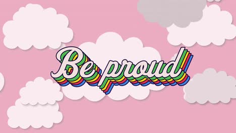 Animation-of-retro-be-proud-rainbow-text-over-vintage-tv-set-and-white-clouds-on-pink-background