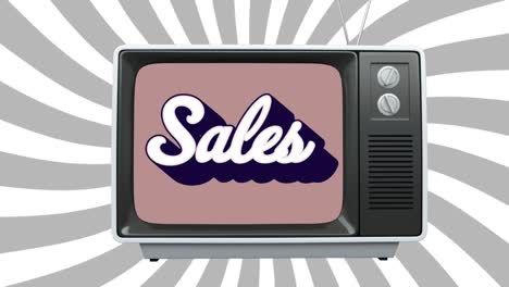 Animation-of-retro-sales-text-over-vintage-tv-set-and-grey-stripes-on-white-background