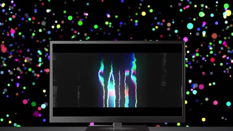 Animation-of-sales-glowing-text-over-television-screen-with-multiple-colourful-spots-on-black-backgr