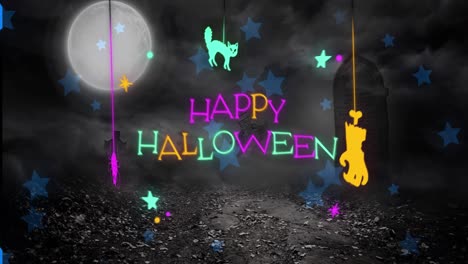 Animation-of-happy-halloween-neon-text-with-cat