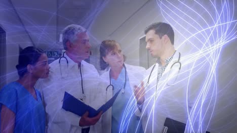 Digital-animation-of-glowing-purple-light-trails-against-team-of-medical-professionals-discussing-to