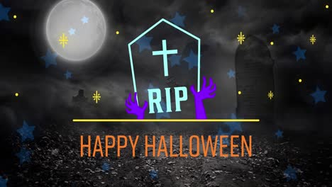 Animation-of-happy-halloween-and-rip-text-on-tombstone-with-stars-and-full-moon-on-black-background