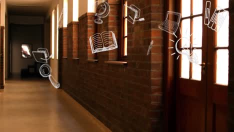 Digital-animation-video-of-drawing-of-school-concept-icons-floating-against-empty-school-corridor