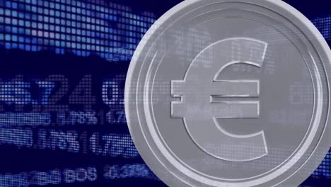 Digital-animation-of-silver-euro-cent-coin-against-stock-market-data-processing-against-blue-backgro