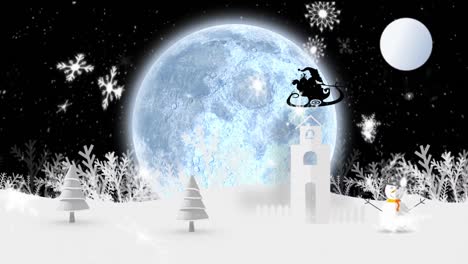 Animation-of-santa-claus-in-sleigh-being-pulled-by-reindeers-and-full-moon-on-black-background