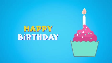 Animation-of-happy-birthday-text-and-birthday-candle-in-cupcake-on-blue-background