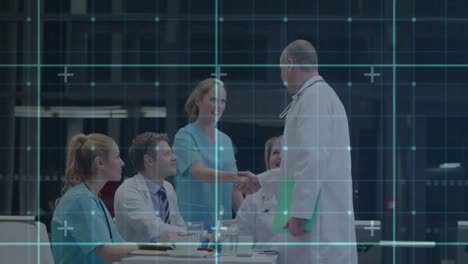 Digital-animation-of-grid-network-against-male-doctor-shaking-hands-with-team-of-medical-professiona