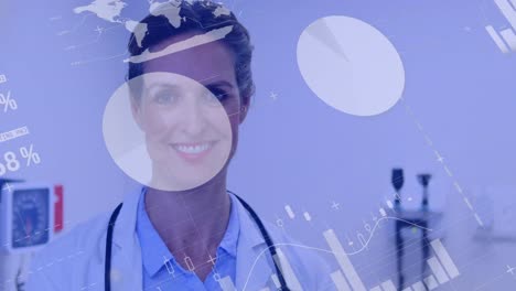Statistical-data-processing-against-portrait-of-female-doctor-smiling-while-holding-a-clipboard-in-h