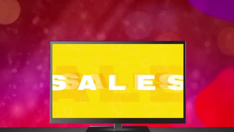 Animation-of-sales-white-text-over-television-screen-with-multiple-colourful-spots-on-pink-backgroun