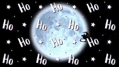 Animation-of-ho-ho-ho-text-with-santa-claus-in-sleigh-being-pulled-by-reindeers-and-full-moon-on-bla