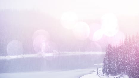 Animation-of-winter-scenery-landscape-with-light-spots-lake-and-fir-trees-covered-in-snow
