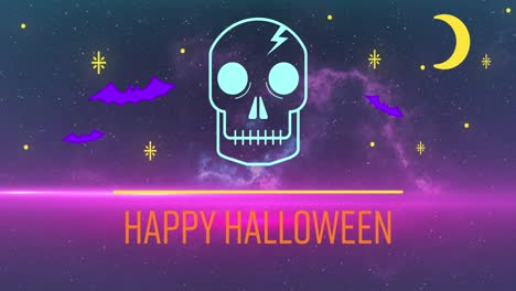 Animation-of-happy-halloween-neon-text-with-skull