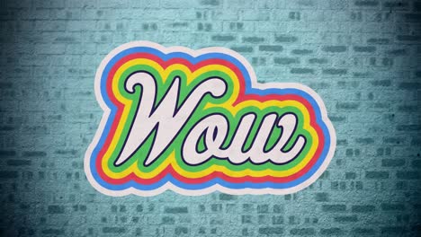 Animation-of-retro-wow-rainbow-text-over-blue-brick-wall-in-the-background
