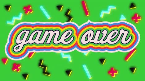 Animation-of-retro-game-over-rainbow-text-over-abstract-shapes-moving-on-green-background
