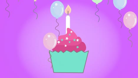 Animation-of-birthday-lit-candle-in-cupcake-and-multiple-balloons-on-purple-background