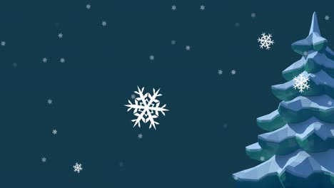 Animation-Einer-Winterlandschaft-Mit-Fallenden-Schneeflocken-Und-Tannenbaum-Auf-Blauem-Hintergrund