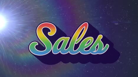 Animation-of-retro-sales-rainbow-text-over-glowing-spot-of-light-on-blue-background