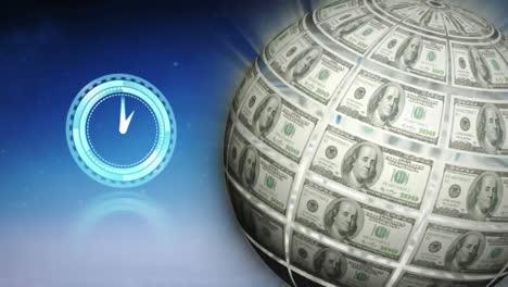 Digital-animation-of-glowing-clock-ticking-and-globe-of-american-dollars-bills-spinning-against-blue