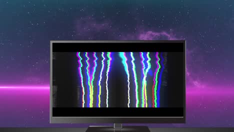 Animation-of-glowing-wow-text-over-television-screen-with-glowing-purple-background