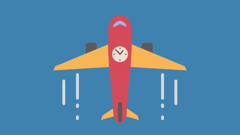 Digitale-Animation-Eines-Flugzeugsymbols-Mit-Tickender-Uhr,-Die-Vor-Blauem-Hintergrund-Fliegt