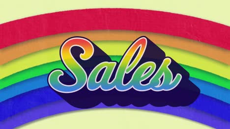 Animation-of-retro-sales-rainbow-text-over-rainbow-on-yellow-background