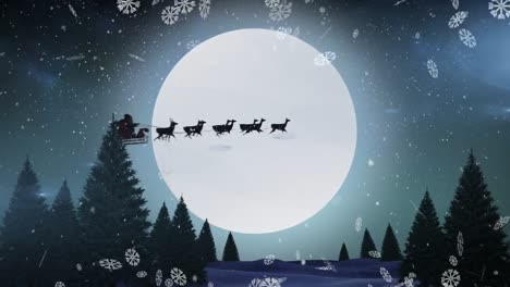 Digital-animation-of-snow-flakes-falling-over-winter-landscape-and-black-silhouette-of-santa-claus
