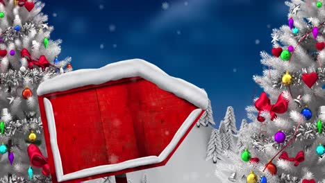 Animation-Einer-Winterlandschaft-Mit-Rotem-Schild-Und-Geschmückten-Weihnachtsbäumen-Auf-Blauem-Hintergrund