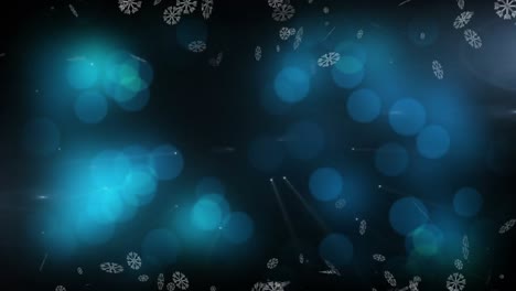 Digitale-Animation-Von-Schneeflocken,-Die-Sich-Vor-Blauen-Lichtflecken-Auf-Schwarzem-Hintergrund-Bewegen