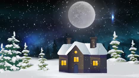 Digital-animation-of-snow-falling-over-houses-and-trees-on-winter-landscape-against-night-sky