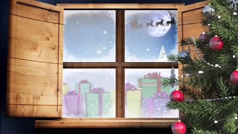 Digitale-Animation-Von-Weihnachtsbaum-Und-Fensterrahmen-Vor-Schnee,-Der-Im-Winter-über-Geschenkboxen-Fällt