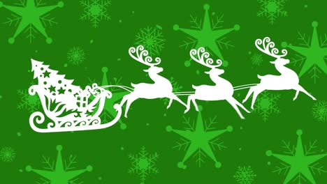 Digital-animation-of--silhouette-of-christmas-tree-in-sleigh-being-pulled-by-reindeers-against-multi