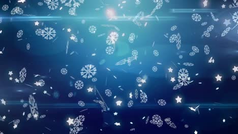 Digitale-Animation-Von-Schneeflocken,-Die-Gegen-Lichtflecken-Und-Lichtspuren-Auf-Blauem-Hintergrund-Fallen