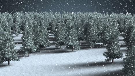 Digital-animation-of-snow-falling-over-multiple-trees-on-winter-landscape