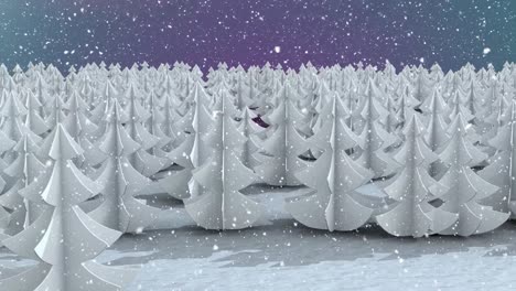 Digital-animation-of-snow-falling-over-multiple-trees-on-winter-landscape-against-colorful-spots-of-