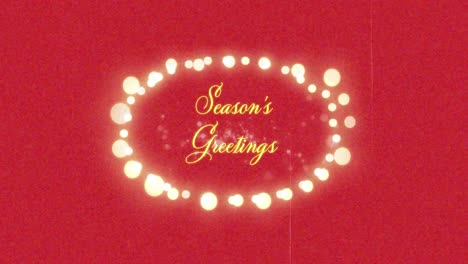 Animation-of-gold-glowing-season's-greetings-text-over-fireworks-and-glowing-fairy-lights-and-glitch