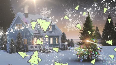 Digitale-Animation-Einer-Sternschnuppe-Und-Mehrerer-Weihnachtsbaumsymbole,-Die-Gegen-Den-Fallenden-Schnee-Fallen