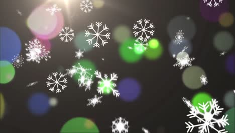 Digitale-Animation-Von-Schneeflocken,-Die-Gegen-Mehrfarbige-Lichtpunkte-Auf-Schwarzem-Hintergrund-Fallen